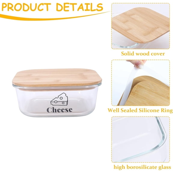 FGTHBF-Cheese Container for Refrigerator,Glass cheese slice holder with Wooden Lid,Lunch Deli Meat Containers for Fridge,BPA-Free Shredded Cream Block Sliced,Grated,CheddarCheeses Storage Box Saver k