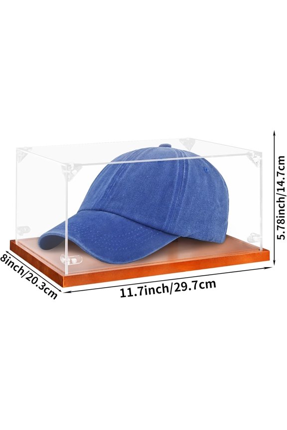-Clear Acrylic Hat Display Case with Wood Base & Tee, Memorabilia Stand Cube Holder, Dust Protection Transparent Storage Box for Single Hat Souvenir Hats Collections