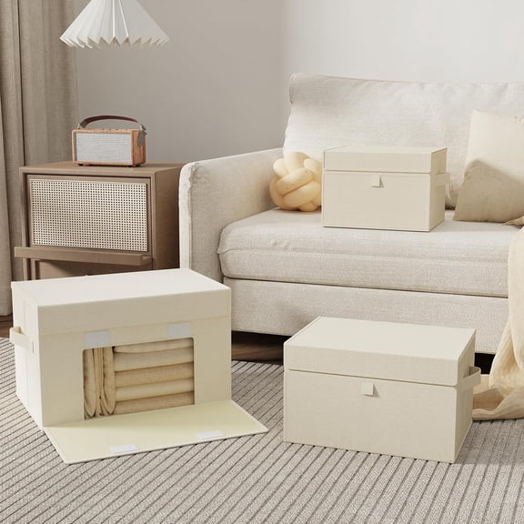 FGTHBF-Convenient Storage Bins for Taking Clothes, Fabric Boxes with Flip Cover, Collapsible Organizer with Handles, Cube Baskets for Home, Bedroom, Closet, 10.2x7.9x6.7in, Beige, 2 Pack