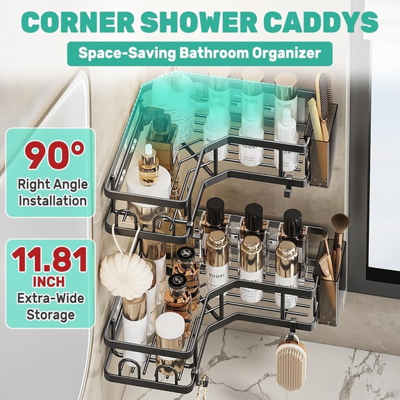 FGTHBF-Corner Shower Caddy 3 Pack, Adhesive Shower Organizer Shelves, No Drilling Stainless Steel Rustproof Rack with Hooks, Soap & Toothpaste Holder, Black for 90 Bathroom Kitchen Corners