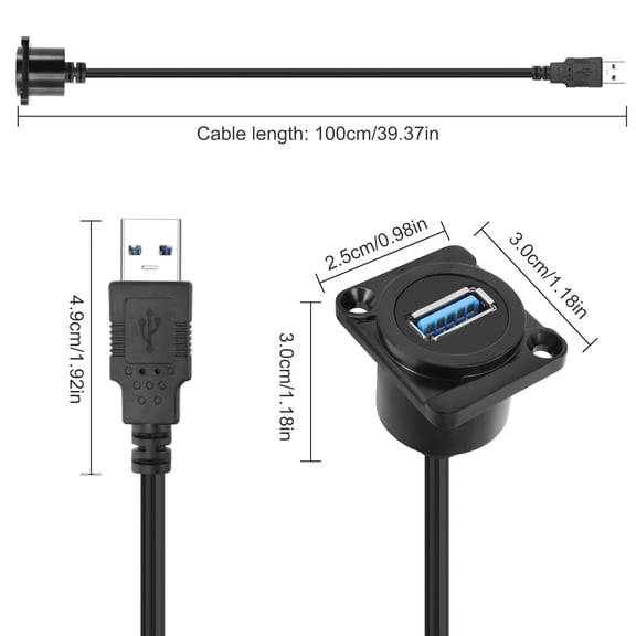 FGTHBF-D-Type USB Panel Mount to USB 3.0 Adapter Cable 5Gbps USB Type-A Male to Type-A Female Panel Mount Extension Cable USB A Port Charging Socket Connector for Data Transfer - 1M/3.2FT (D-Type)