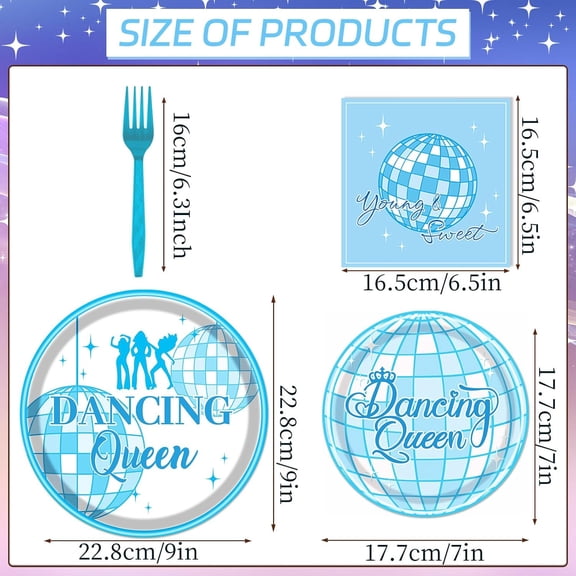 FGTHBF-Dancing Party Decorations 17, 96PCS Queen 17th Paper Plates Party Supplies Decor, Disposable Blue Disco Napkins Forks Tableware Set for Girls Birthday Decor