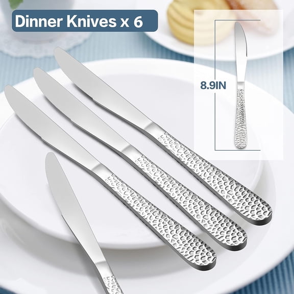 FGTHBF-Dinner Knives Set of 6, Stainless Steel Hammered Serrated Table Knife for Home Kitchen Restaurant, Mirror Polished & Dishwasher safe-8.9 Inches