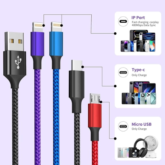 FGTHBF-Dual IP 4 in 1 Multi Charging Cable [1Pack 5FT], Nylon Phone Charger USB Cable, Travel Charging Cords with IP/IP/Type C/Micro Port, Compatible with Most Cell Phones/Tablets and More