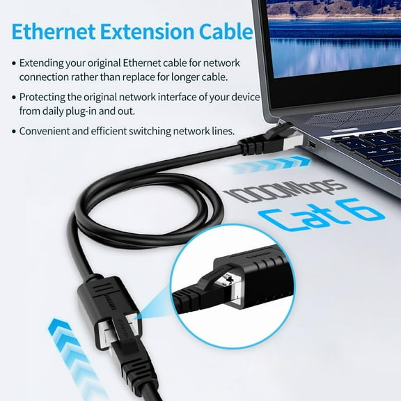 FGTHBF-Ethernet Extension Cable 10ft Cat6 Network Patch Cord Extender RJ45 LAN Cable Female to Male Connector for Router, Modem, PC, Computer, Laptop, and Smart TV