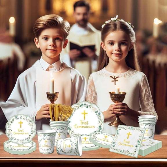 FGTHBF-First Communion Decorations, Baptism Plates and Napkins Green First Communion Party Supplies for First Holy Communion Baptism Party Decorations Serves 25