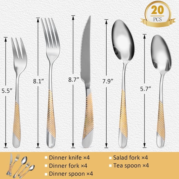 FGTHBF-Flatware Set for 4, 20 Piece Cutlery Set, Stainless Steel Kitchen Forks Spoons Knives Set for Home, Restaurant, Party