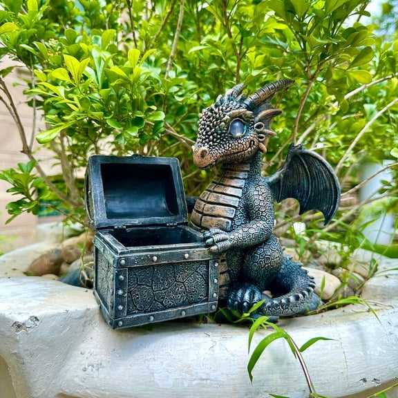 FGTHBF-Garden Dragon Statue Solar Powered Outdoor Figurine Light Decor Cute and Hold Glowing Treasure Chest Resin Sculpture Home Decoration for Porch Patio Lawn Farm Yard Housewarming Ornament Gift
