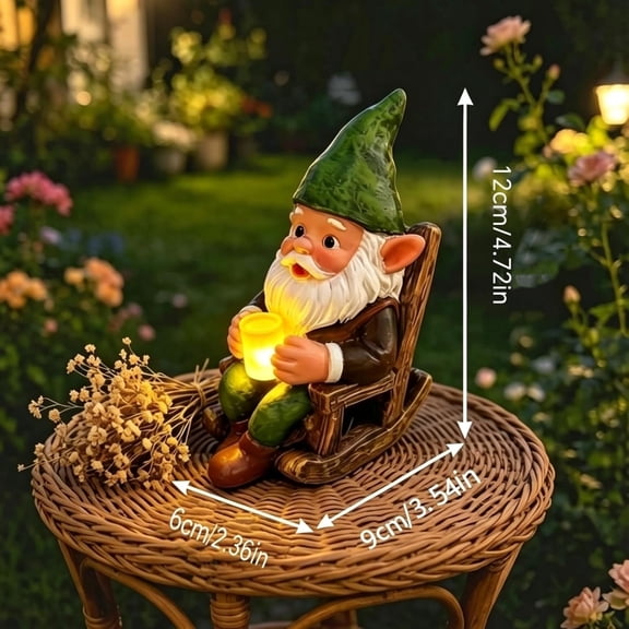 FGTHBF-Garden Gnome Statue with LED Light, Solar Powered Miniature Outdoor Figurine Lights for Patio, Yard, Lawn, Weather Resistant Resin Gnome Gifts for Mom, Grandma, Garden Lovers (Rocking Gnome St