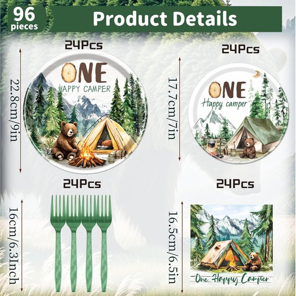 FGTHBF-Happy One Camper Birthday Decorations Supplies, 96PCS Camping 1st Party Plates and Napkins Set, Disposable Adventure Tableware(Serve 24 Guests)