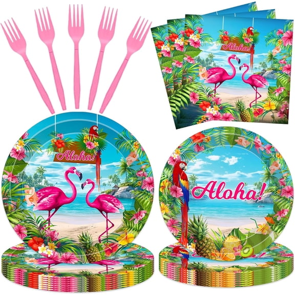 FGTHBF-Hawaiian Party Plates and Napkins for 20, Hawaiian Party Supplies, aloha Tropical Flamingo Disposable Tableware Set, Includes 7&9 inch Paper Plates, Napkins and Forks, Summer Beach Party, Serv