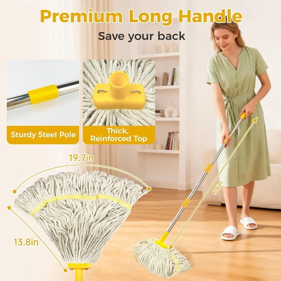 FGTHBF-Indoor Mop with Strings for Floor Cleaning, Cotton Mops with 59 Long Handle Household String Mop for Hardwood Wood Tile Floors Cleaning,1 Mop Handle & 1 Cotton Mop Head