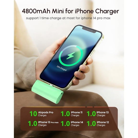 FGTHBF-Lightweight Green Portable Battery Pack Charger for iPhone 14 Pro Max, 4800mah Power Bank Compatible with iPhone 12 Pro, Compact Mobile Charger for iPhone XS/XR/SE/6S/7/8/11 Series