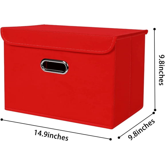FGTHBF-Linen Fabric Foldable Collapsible Storage Cube Bin Organizer Basket Fabric Storage Bins with Lid, Leather Handles, Removable Divider for Home, Closet, Red 3Pcs