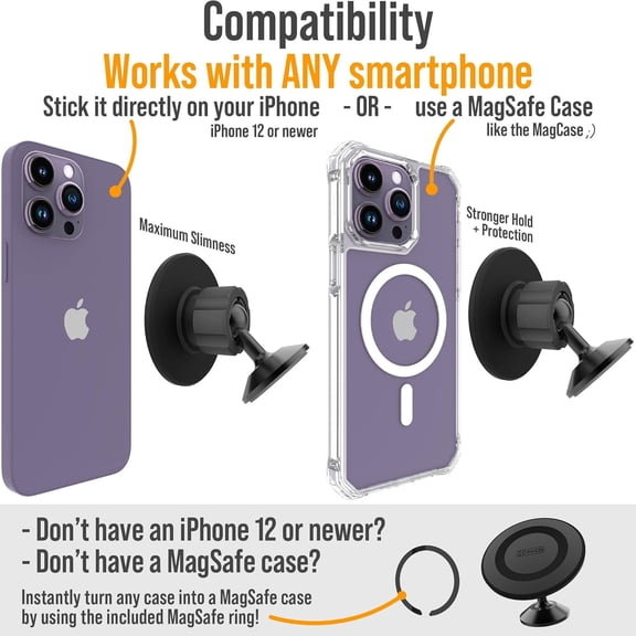 FGTHBF-MagSafe Car Mount Compatible with Any Smartphone [MagMount] Compatible with MagSafe, Strong Magnets, Fully Adjustable Magnetic Car Mount, Sticks to Dashboard, Works Best MagCase