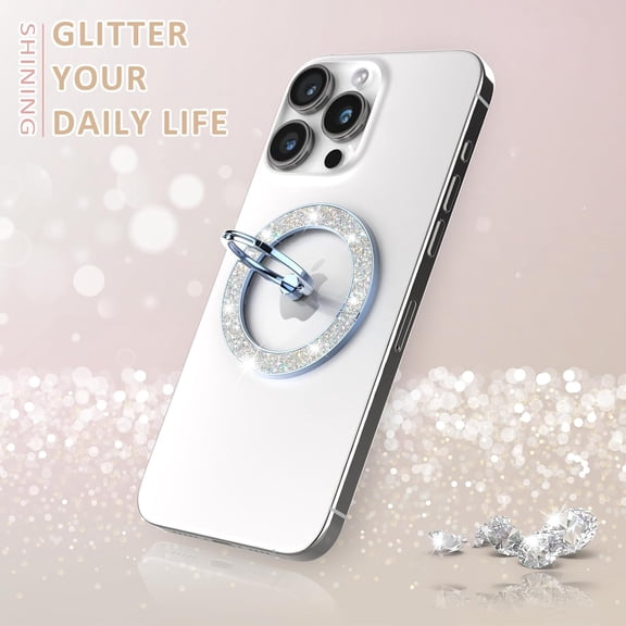 FGTHBF-Magnetic Phone Ring Holder for MagSafe, Glitter Phone Grip Stand with 360 Rotation Finger Ring Kickstand Compatible with iPhone MagSafe Accessories. (Glitter Blue)