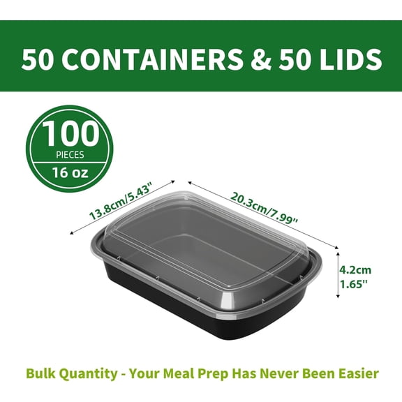 FGTHBF-Meal Prep Containers, 50 Pack 16oz (100-Piece) Disposable Take Out Food Storage Containers with Leakproof Lids, Reusable Plastic To Go Lunch Boxes, BPA Free, Microwave/Dishwasher/Freezer Safe