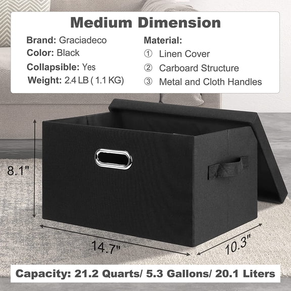 FGTHBF-Medium 15" 21 Quart Collapsible Stackable Storage Bins with Lids, 1 Pack Black Foldable Fabric Closet Storage Boxes with Lids, 4 Handles Heavy-duty Linen Cube Baskets for Bedroom