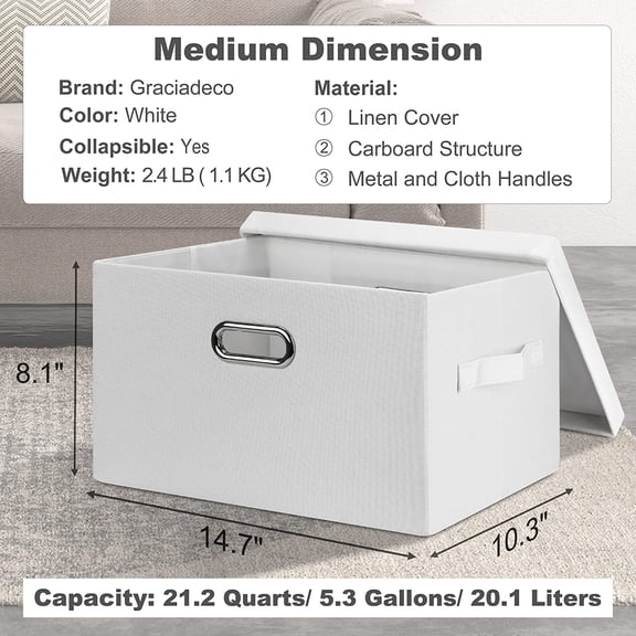 FGTHBF-Medium 15" 21 Quart Collapsible Stackable Storage Bins with Lids, 1 Pack White Foldable Fabric Closet Storage Boxes with Lids, 4 Handles Heavy-duty Linen Cube Baskets for Bedroom