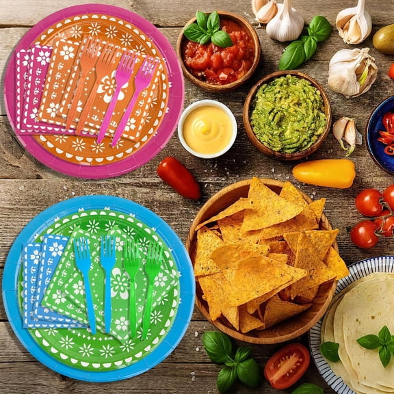 FGTHBF-Mexican Fiesta Plates and Napkins 96 Pcs Cinco De Mayo Paper Plates Napkins Mexican Fiesta Tableware Sets Cinco De Mayo Paper Picado Party Dinnerware for Taco Carnival Birthday Party Decoratio