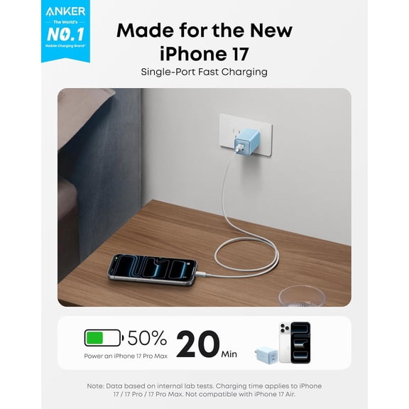 FGTHBF-Nano 47W Fast Charger USB C, 2-Port Compact Foldable USB C GaN Charger for iPhone 17/16, Galaxy, Pixel, Compatible with MagSafe (Blue)