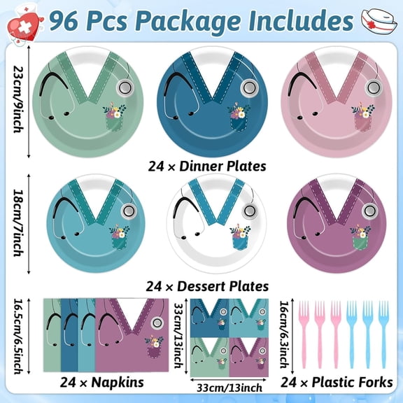 FGTHBF-Nurse Graduation Week Party Supplies Nurse Paper Plates and Napkins Forks Doctor Uniform Stethoscope Pattern RN Tableware Set CNA Week Dinnerware for Grad Medical School Birthday Party Decorat