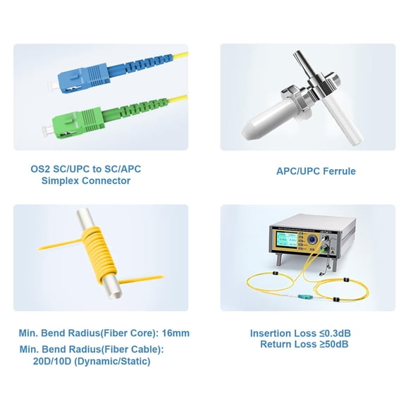 FGTHBF-- OS2 Single Mode Fiber Patch Cable, 10m/33ft SC/UPC to SC/APC Fiber Optic Cable, Simplex, Length Option: 0.5m-10m 9/125um LSZH Yellow OD-2.0mm 10M(33ft)
