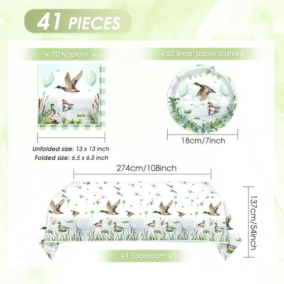 FGTHBF-One Lucky Duck Birthday Decorations,41PCS Mallard Duck Plates and Napkins Tableware Set,Includes Disposable Plates,Napkin,Tablecloth,for Mallard Duck Hunting 1st Birthday Party Supplies,Serves