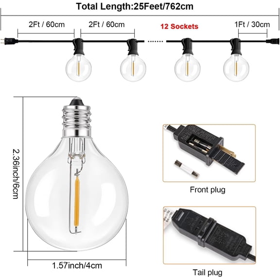 FGTHBF-Outdoor String Lights with G40 Clear Globe Bulbs, Black Cord, Waterproof LED Edison Filament Decorative Lighting for Patio, Garden, Backyard (G40 Bulbs, 25FT)