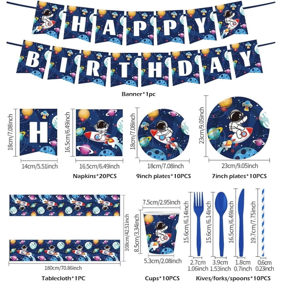 FGTHBF-Outer Space Birthday Party Supplies, Space Party Tableware Set, Happy Birthday Banner Tablecloth Paper Plates Cups Napkins Knives Forks Spoons for for Astronaut Theme Party Supplies