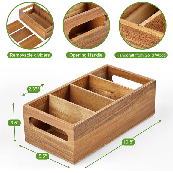 FGTHBF-Pantry Organization and Storage Bins, Acacia Wood Seasoning Packet Organizer with Removable Dividers,Storage Caddy for Kitchen, Pantry, Cabinet, Countertop