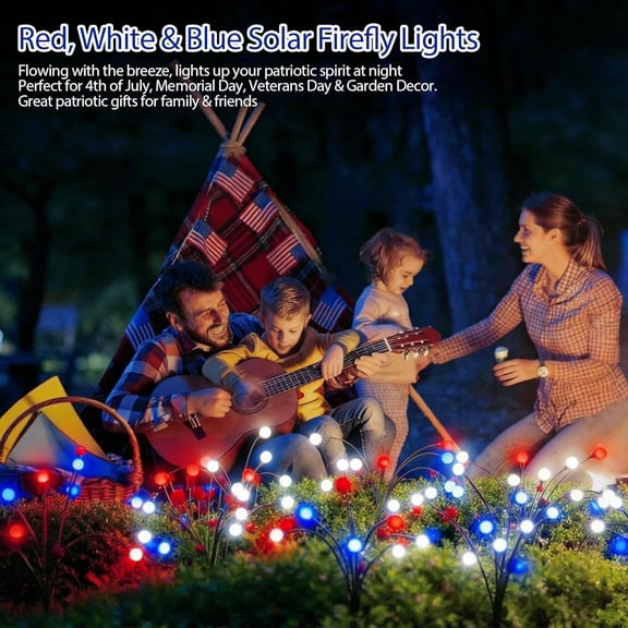 FGTHBF-Patriotic Solar Firefly Lights 2 Pack Red White Blue Swaying Outdoor Stake Lights 6 LED Each Waterproof for 4th of July Memorial Day Independence Day Yard Garden Patio Decor