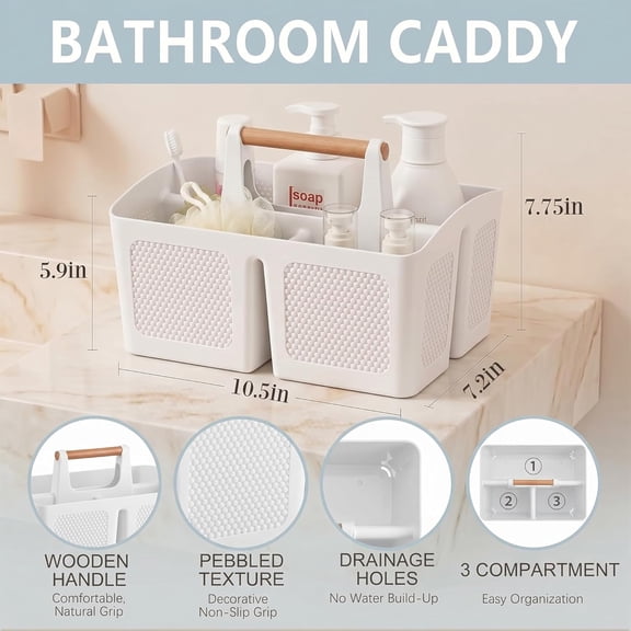 FGTHBF-Plastic White Shower Caddy Basket with 3 Compartments, Portable Divided Bathroom Cleaning Caddy Organizer Storage Tote with Handle for Dorm, College, Room Essentials
