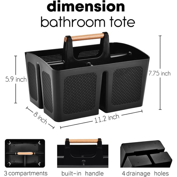 FGTHBF-Portable Shower Caddy Basket with Compartments, Plastic Divided Cleaning Caddy Organizer Storage Tote with Handle for Bathroom, College, Dorm Room Essentials, Black