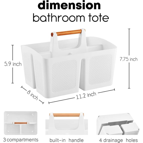 FGTHBF-Portable Shower Caddy Basket with Compartments, Plastic Divided Cleaning Caddy Organizer Storage Tote with Handle for Bathroom, College, Dorm Room Essentials, White