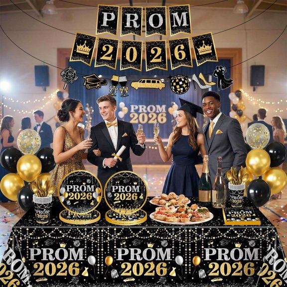 FGTHBF-Prom Decorations 2026, 209 Pcs Black and Gold Prom Send Off Tableware Set with Plates, Balloons, Banner and Napkins Party Supplies for Prom Decor Grade Graduation Decorations