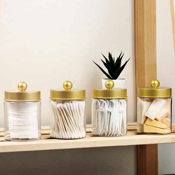 FGTHBF-Qtip Holder Dispenser - 8 oz Plastic Apothecary Jar Containers for Vanity Makeup Countertop Organizer Storage -Bathroom Canister Accessories Set for Cotton Swab, Ball, Pads, Floss-Gold (6)