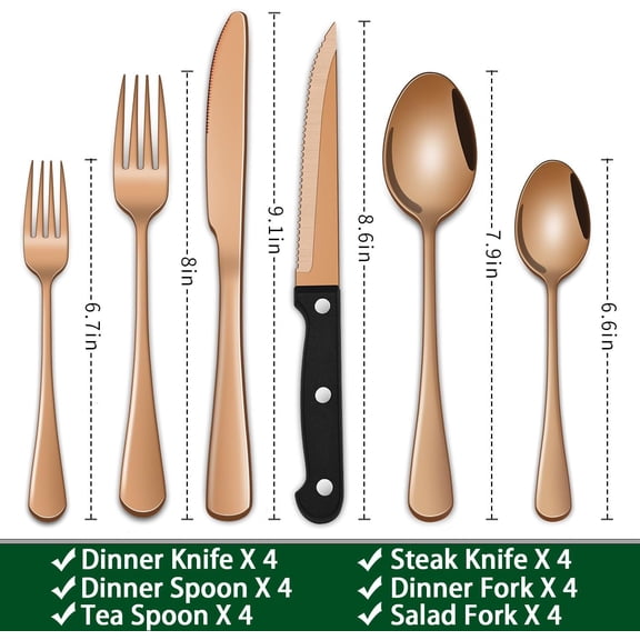 FGTHBF-Rose Gold 24 PCS Flatware Sets With Steak Knives Service For 4 Person,Copper Eating Untensils Set For Kitchen,Silverware Set Includes Knife Spoon And Fork Set
