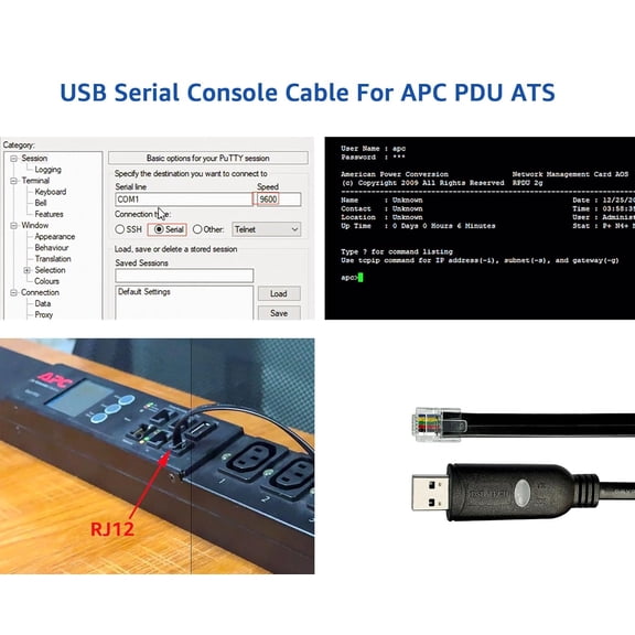 FGTHBF-SH-RJ12C USB to RJ12 6P4C RS232 Serial Cable for APC PDU ATS(5.9FT/1.8M)