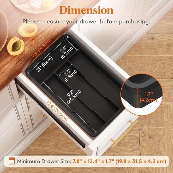 FGTHBF-Silverware Drawer Organizer Tray, Plastic Cutlery Storage for Kitchen, Flatware and Utensil Holder Divider for Spoons Forks Knives Tableware, 7.8 x 12.4", 4 Slots, Black