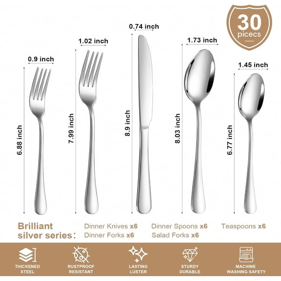 FGTHBF-Silverware Set 30 Piece Stainless Steel Flatware Set Silverware Utensils for 6 People Includes Forks Knives Spoons & Salad Forks Dishwasher Safe for Home Restaurant or Outdoor Use