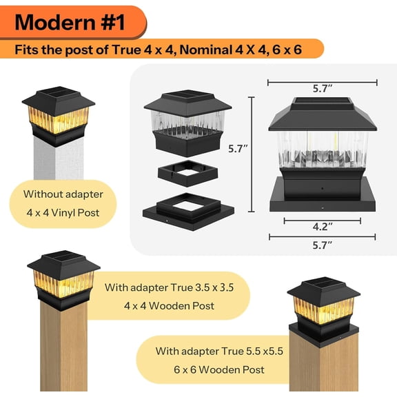 FGTHBF-Single Solar Post Cap Light - Modern #1: Fits True 4x4 Vinyl, 4x4 & 6x6 Wood Posts, 3 Color Temp, 50 Lumen Waterproof Outdoor Lights for Deck Fence, Matte Black