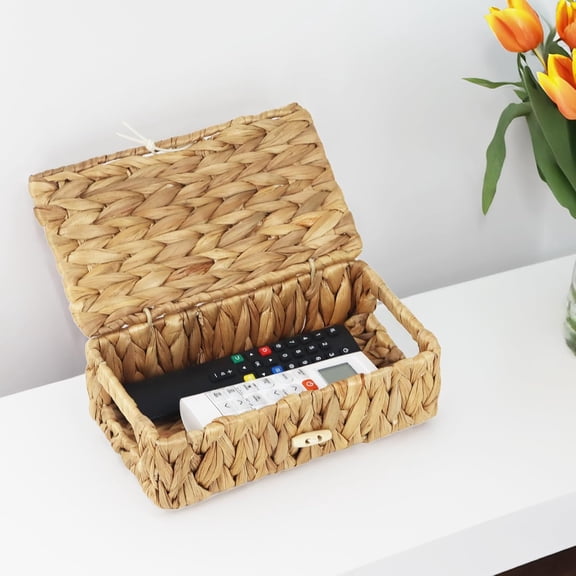 FGTHBF-Small Basket with Lid, Wicker Storage Basket for Organizing, Rectangular Woven Basket for Storage, Water Hyacinth Decorative Boxes Bins with Lids (9" x 5.1" x 3")