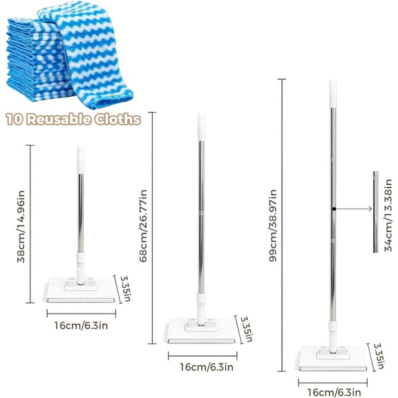 FGTHBF-Snap Grip Mini Mop, Zero Touch No Wash Lazy Mop with One-Click Cloth Change, Compatible with Face Towels, Adjustable for Wet/Dry Floors, Tile, Hardwood, Corners (10 Reusable Cloths)