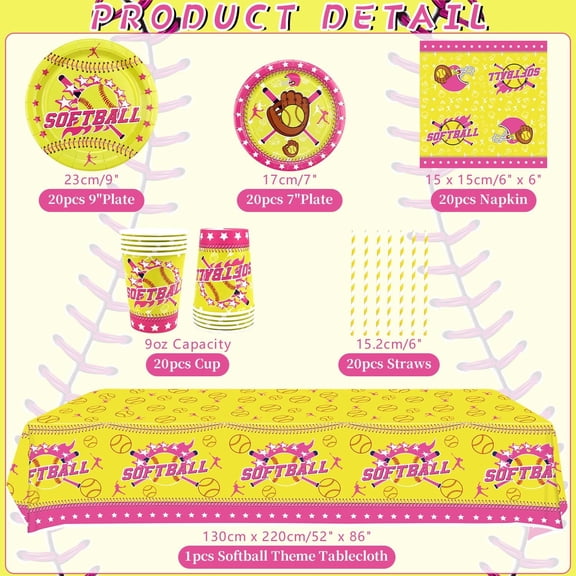 FGTHBF-Softball Birthday Party Decorations, Softball Theme Party Tableware Supplies including Plates, Cups, Napkins, Tablecloth (20)