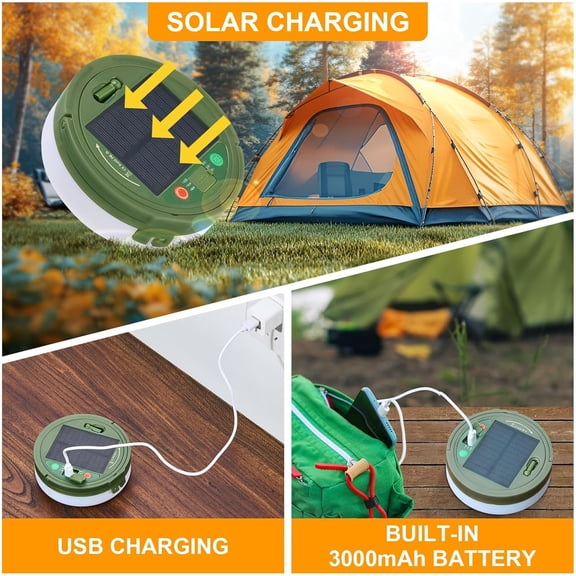 FGTHBF-Solar Camping String Lights, Retractable Waterproof 33FT LED Camp Light with 13 Light Modes, Rechargeable 3000mAh Battery Powered Fairy Lights with Remote for Outdoor, Tent, RV, Patio, Awning,