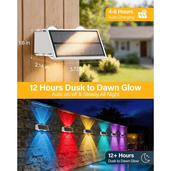 FGTHBF-Solar Fence Lights Outdoor, 2 Pack 100LM Fence Lights Solar Powered, 9 Color Modes, Up and Down LED Focused Beam, 12H Dusk to Dawn Glow for Pool/Patio/Wall/Backyard - White