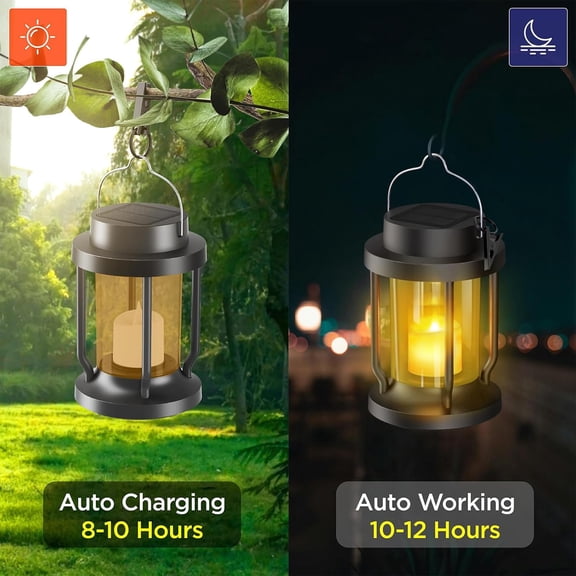 FGTHBF-Solar Lantern Outdoor & Indoor Use  Hanging Solar Lights with Realistic Flickering Flameless Candle, Weatherproof for Gardens, Patios, Trees, and Lawns (Black + Amber, 1 Pack)
