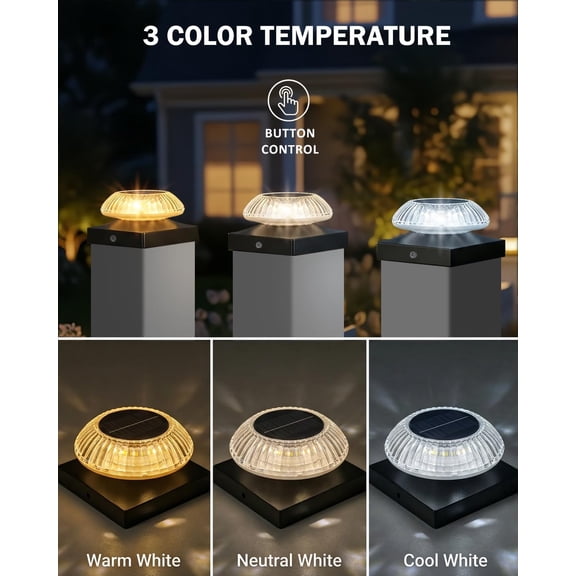 FGTHBF-Solar Post Cap Lights for 4x4 & 3.5x3.5 Posts, IP55 Waterproof Deck Lights Solar Powered, 3 Color Modes Fence Caps for Wood Vinyl Mailbox Railing Patio