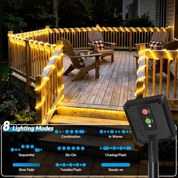 FGTHBF-Solar Rope Lights, 2 Pack 20FT 60 LED Solar Fairy Lights with 8 Lighting Modes, IP65 Waterproof Strip Light Outdoor for Garden Yard Patio Deck Fence Tree Party Holiday Decoration, Warm White